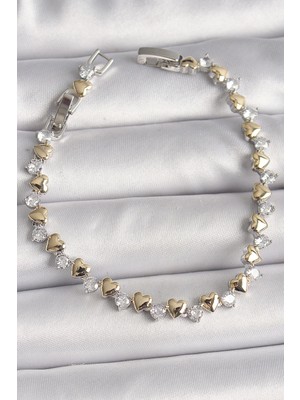 Bfs Pirinç Gümüş Renk Zirkon Taşlı Gold Kalpli Vıp Seri Kadın Bileklik