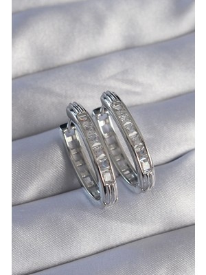 Bfs Pirinç Gümüş Renk Zirkon Taşlı Oval Model Küpe