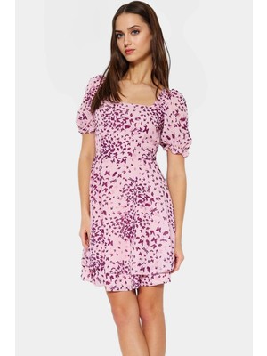 Şifon Mini Elbise Balon Kol Kare Yaka Yazlık Dokuma Uzun Ömürlü Zarifane Tasarım Şık Görünüm