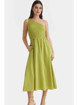 Tek Omuz Midi Elbise Dokuma Kumaştan Şık Yazlık Uzun Ömürlü Seçkin Malzeme Dayanıklı