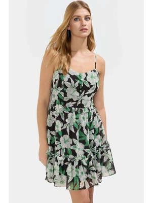 Yazlık Çiçekli Mini Şifon Elbise Astarlı Kalp Yaka Dokuma Dayanıklı Malzeme Modern Stil