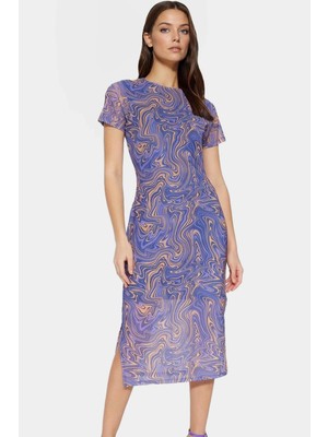 Midi Boy Tül Elbise Soyut Desenli Bisiklet Yaka Bodycon Kalıp Özel Tasarım Yüksek Kalite Modern Stil