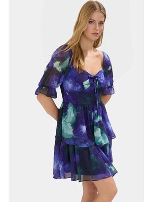 Çiçekli Mini Elbise Astarlı Kısa Kol Dokuma Yazlık Özenle Seçilmiş Mükemmel Uyum