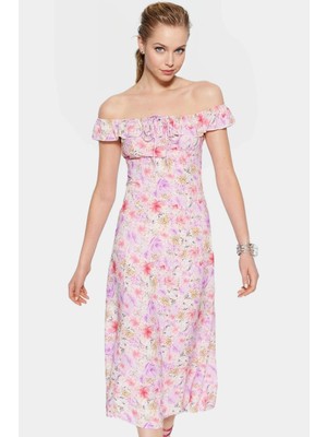 Çiçek Desenli A Kesim Midi Elbise Shally Dokuma Yazlık Rahat ve Şık Özenle Seçilmiş