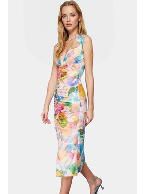 Şık Bodycon V Yaka Örme Midi Elbise Polyester Elastan Kumaştan Gündüz ve Gece Rahat Kullanım