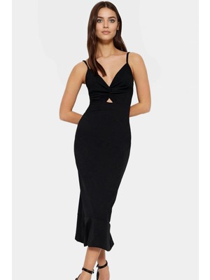 Midi Boy Örme Krep Elbise V Yaka Cut Out Detaylı Dayanıklı Malzeme Profesyonel Görünüm Rahat ve Şık