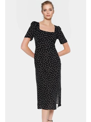Şık Puantiyeli Midi Elbise Viskoz Kumaş A Line Günlük Seçkin Malzeme Özel Tasarım Uzun Ömürlü