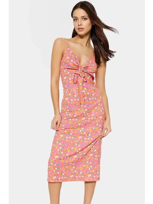 Midi A Line Çiçekli Örme Elbise Ince Askılı V Yaka Günlük Tarz Kullanım Için Trend Tasarım