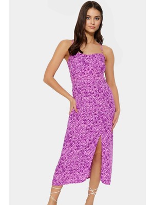 Çiçek Desenli A Line Midi Elbise Yazlık Dokuma Kumaş Günlük Kullanım Için Rahat