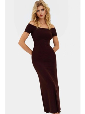 Maxi Elbise Örme Kumaş Kısa Kol Carmen Yaka Bodycon Kalıp Yazlık Mükemmel Uyum