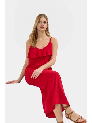 Rahat ve Şık Maxi Elbise V Yaka Fırfır Detay Düz Kesim Yazlık Uzun Ömürlü Kullanım