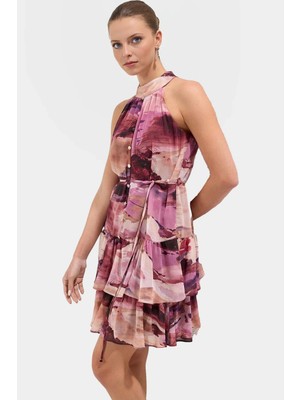 Çiçekli Desenli Halter Yaka Mini Elbise Hafif Polyester Kumaş Yazlık Günlük Şık Görünüm