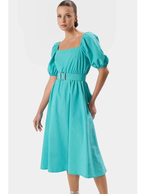 Kadın Skater Kalıp Midi Elbise Pamuklu Terrycotton Kumaş Günlük Şık Tarz Modern Stil Konforlu Kesim