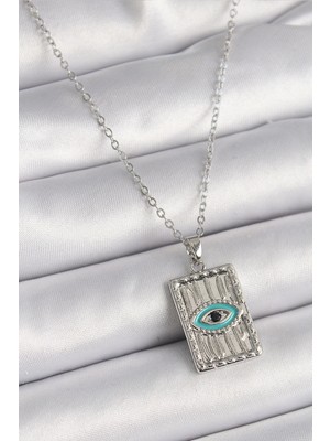 Bfs 316L Çelik Gümüş Renk Zirkon Taşlı Göz Işleme Detaylı Plaka Model Kadın Kolye