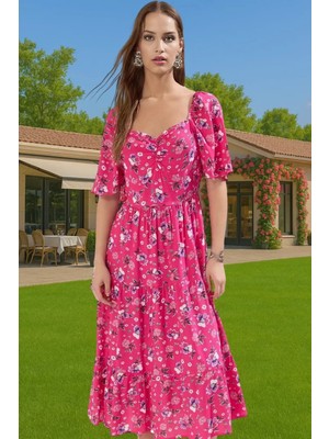 Rahat A Kesim Balon Kollu Midi Viskoz Elbise Kaliteli Işçilik Dayanıklı Malzeme Uzun Ömürlü