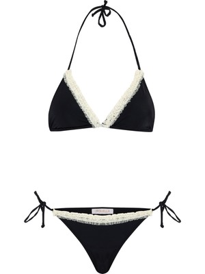 Aquella Dantel Detaylı Siyah Üçgen Bikini Takım Kadınlar İçin Şık Plaj Modası