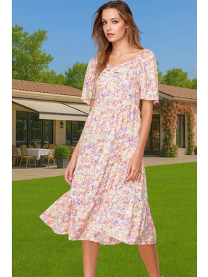 Rahat A Kesim Balon Kollu Midi Viskoz Elbise Kaliteli Işçilik Dayanıklı Malzeme Uzun Ömürlü