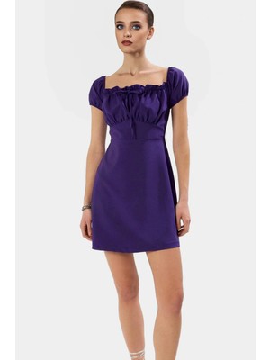 A Line Mini Elbise Krep Kumaş Balon Kollu Rahat Kalıp Şık Görünüm Kaliteli Işçilik