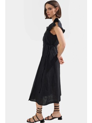 Rahat ve Şık Pamuklu Midi Elbise Kruvaze V Yaka Keten Görünümlü Zarifane Tasarım Konforlu Kesim