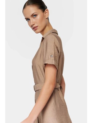 Kısa Kollu Kemerli Viskoz Elbise Dokuma Kumaş Midi Boy Şık Tasarım Kaliteli Işçilik