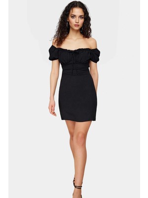 A Line Mini Elbise Krep Kumaş Balon Kollu Rahat Kalıp Şık Görünüm Kaliteli Işçilik