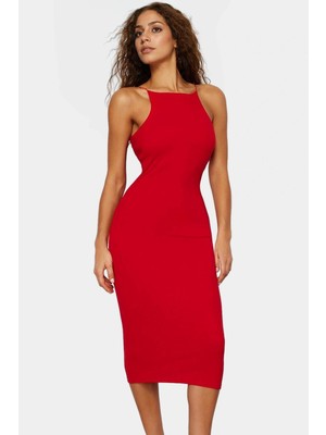 Yazlık Halter Yaka Bodycon Midi Elbise Pamuk Elastan Örme Trend Tasarım Dayanıklı Malzeme