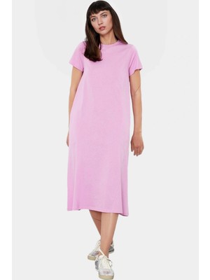 Cep Detaylı Pamuklu Örme Midi Elbise Bisiklet Yaka Rahat Kalıp Özel Tasarım Zarifane