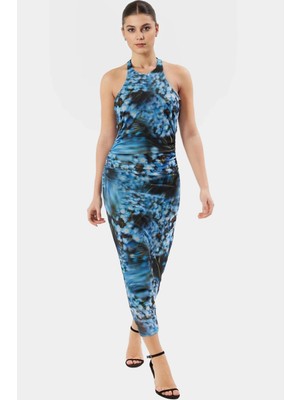 Astarlı Leopar Desenli Bodycon Maxi Elbise Şık ve Rahat Tasarım Boyundan Bağlamalı Yaka