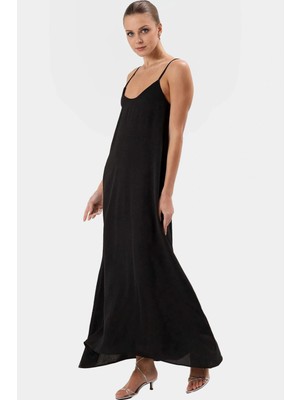 Rahat Yazlık Maxi Elbise Aerobin Dokuma Polyester Shift Kalıp V Yaka Konforlu Kesim