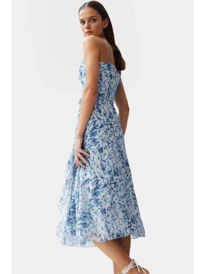 A Line Midi Elbise Şifon Dokuma V Yaka Kuşaklı Soyut Desen Profesyonel Görünüm