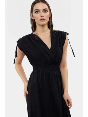 Desenli Midi Elbise Yazlık Rahat Polyester Kruvaze Beli Lastikli Kullanım