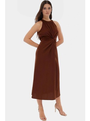 Rahat A Line Crinkle Dokuma Maxi Elbise  Polyester Halter Yaka Kaliteli Işçilik Trend Tasarım