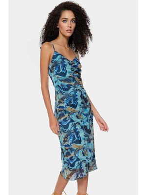 Ince Askılı Bodycon Elbise Desenli Tül Midi Boy Örme Kumaş Rahat ve Şık Trend Tasarım