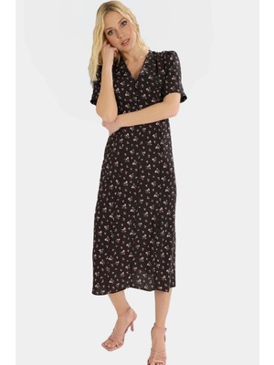 A Line Midi Elbise Kısa Kollu Çiçekli Polyester Dokuma Rahat ve Şık Özel Tasarım