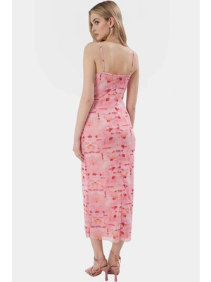 Zebra Desenli V Yaka Astarlı Maxi Elbise Bodycon Kesim Örme Tül Kumaş Trend Tasarım Rahat Kullanım