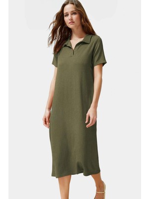 Yazlık Bürümcük Dokulu Midi Elbise Nefes Alan Polyester Kumaş Polo Yaka Kısa Kollu