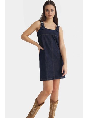 Yazlık Pamuklu Denim Elbise Bisiklet Yaka Ayarlanabilir Askılar Mini Boy Zarifane Tasarım
