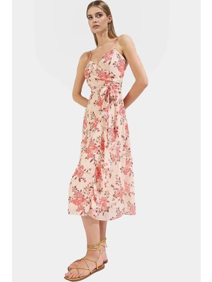 A Line Midi Elbise Şifon Dokuma V Yaka Kuşaklı Soyut Desen Profesyonel Görünüm