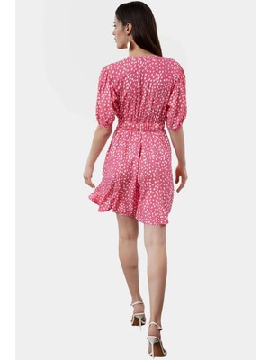 Shally Dokuma Mini Elbise V Yaka Kısa Kollu Çiçek Desenli Rahat Seçkin Malzeme Modern Stil