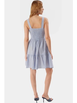 Gofre Dokuma Kare Yaka Mini Elbise Belden Pamuklu Yazlık Rahat Kullanım Uzun Ömürlü