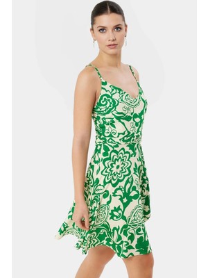 Viskoz Mini Elbise Skater Kalıp V Yaka Çiçek Desenli Rahat Yazlık Premium Kalite