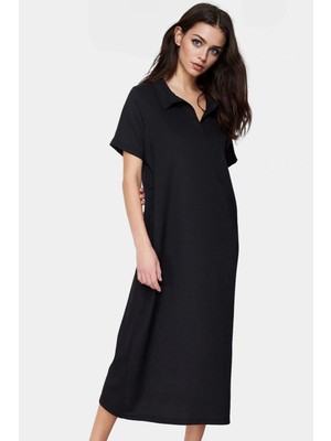 Yazlık Bürümcük Dokulu Midi Elbise Nefes Alan Polyester Kumaş Polo Yaka Kısa Kollu