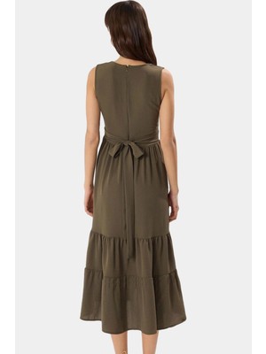 Rahat V Yaka Midi Elbise Polyester Dokuma Kumaş Yazlık Günlük Stil Kullanım Için