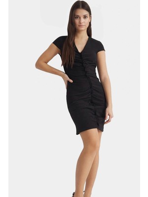 Vücudu Saran Finike Dokuma Elbise Kısa Kollu V Yaka Mini Boy Konforlu Kesim Rahat ve Şık