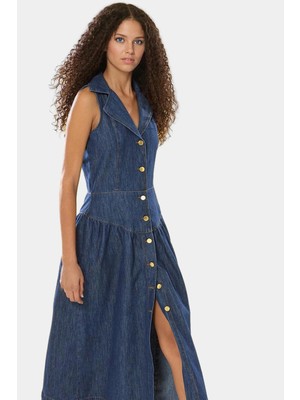 Pamuk Denim Midi Elbise Rahat Kalıp Gömlek Yaka Yazlık Özel Tasarım Zarifane