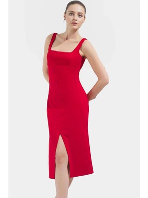 88% Polyester Yazlık Midi Elbise Kolsuz Vücudu Saran Dokuma Kumaş Smart Stil Profesyonel Görünüm