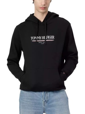 Erkek Kapüşonlu Baskı Logolu Sweatshirt - Siyah