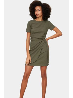 Kadın Mini Bağlama Detaylı Bisiklet Yaka Örme Elbise Profesyonel Görünüm Günlük Kullanım Için