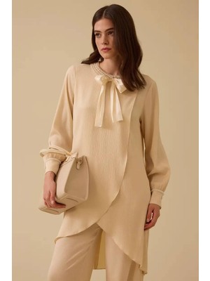 Kadın Inci Detaylı Asimetrik Saten Tunik - Bej