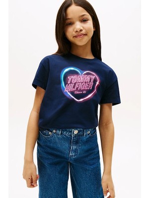 Kız Çocuk Kalp Baskılı Relax Fit T-Shirt – Lacivert